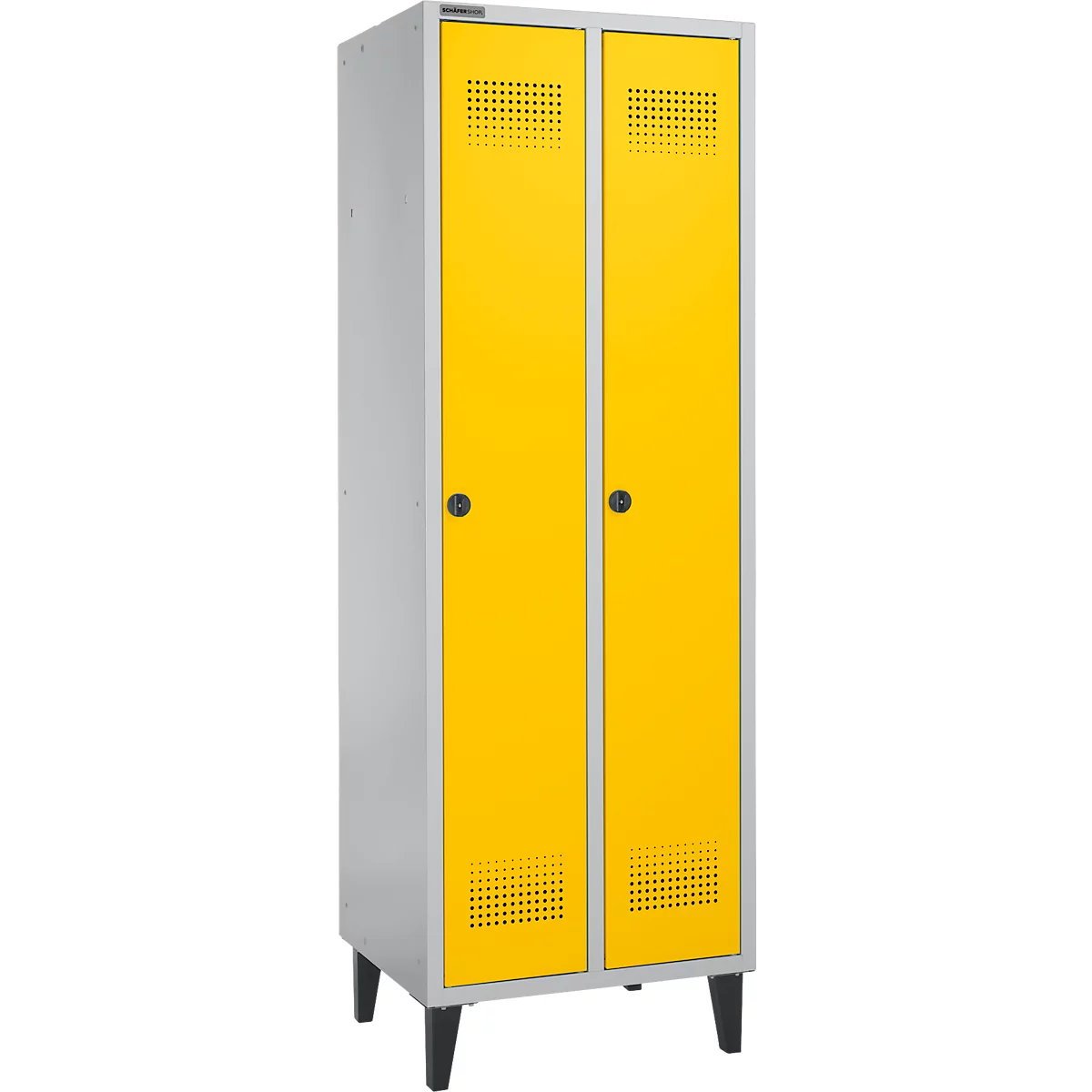Schäfer Shop Genius Vestiaire sur pieds, 2 compartiments, l. 630 x P 500 x H 1850 mm, serrure de sécurité à came batteuse, alu blanc RAL 9016/jaune