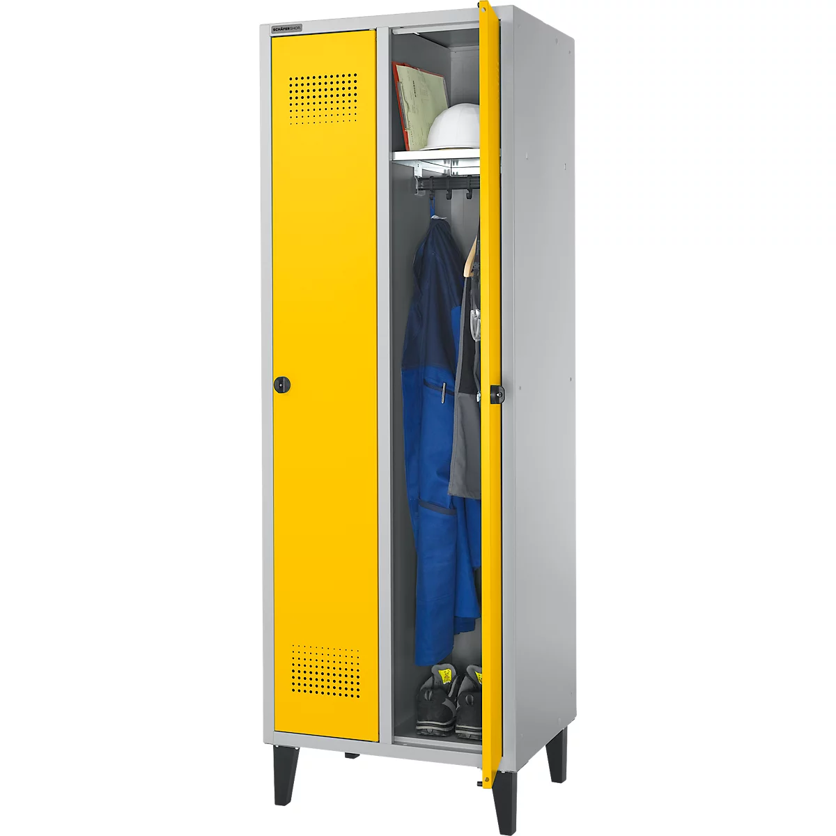 Schäfer Shop Genius Vestiaire sur pieds, 2 compartiments, l. 630 x P 500 x H 1850 mm, serrure de sécurité à came batteuse, alu blanc RAL 9016/jaune