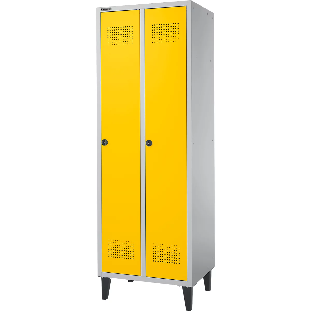 Schäfer Shop Genius Vestiaire sur pieds, 2 compartiments, l. 630 x P 500 x H 1850 mm, serrure de sécurité à came batteuse, alu blanc RAL 9016/jaune