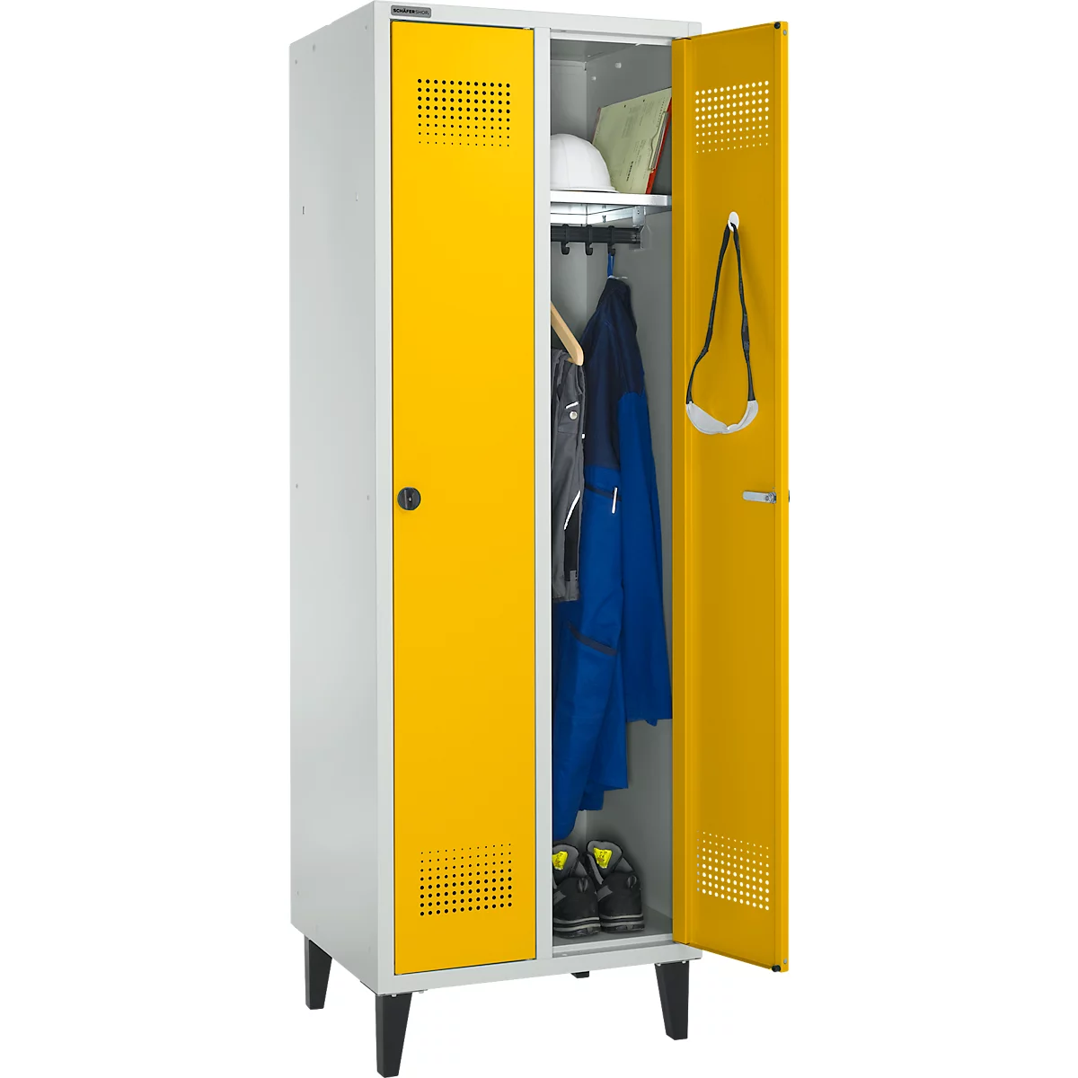 Schäfer Shop Genius Vestiaire sur pieds, 2 compartiments, l. 630 x P 500 x H 1850 mm, serrure de sécurité à came batteuse, gris clair/jaune
