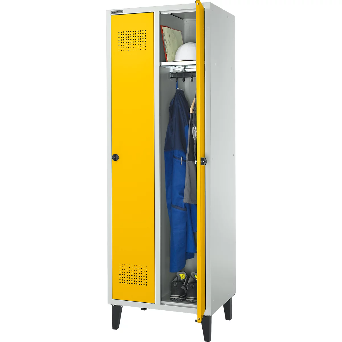 Schäfer Shop Genius Vestiaire sur pieds, 2 compartiments, l. 630 x P 500 x H 1850 mm, serrure de sécurité à came batteuse, gris clair/jaune