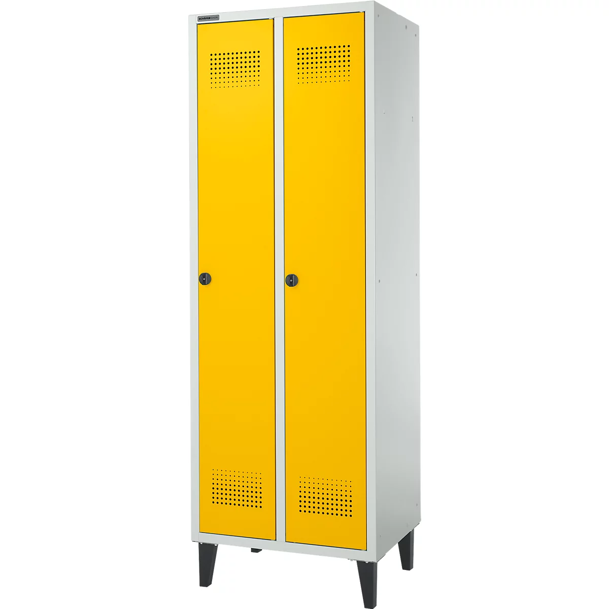 Schäfer Shop Genius Vestiaire sur pieds, 2 compartiments, l. 630 x P 500 x H 1850 mm, serrure de sécurité à came batteuse, gris clair/jaune