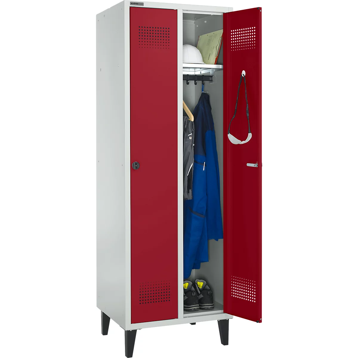 Schäfer Shop Genius Vestiaire sur pieds, 2 compartiments, l. 630 x P 500 x H 1850 mm, serrure de sécurité à came batteuse, gris clair/rouge