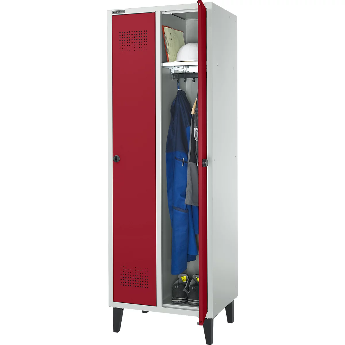 Schäfer Shop Genius Vestiaire sur pieds, 2 compartiments, l. 630 x P 500 x H 1850 mm, serrure de sécurité à came batteuse, gris clair/rouge