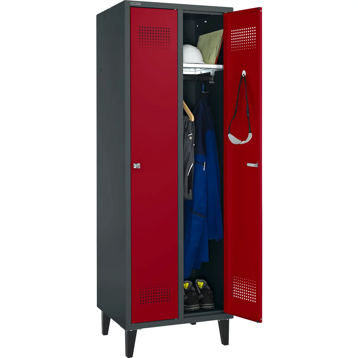 Schäfer Shop Genius Vestiaire sur pieds, 2 compartiments, largeur de compartiment 300 mm, serrure à cylindre, anthracite/rouge rubis