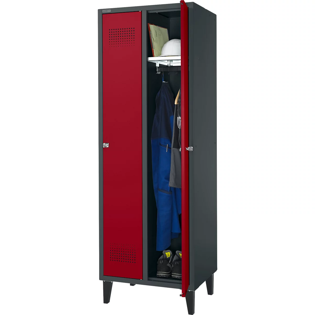 Schäfer Shop Genius Vestiaire sur pieds, 2 compartiments, largeur de compartiment 300 mm, serrure à cylindre, anthracite/rouge rubis