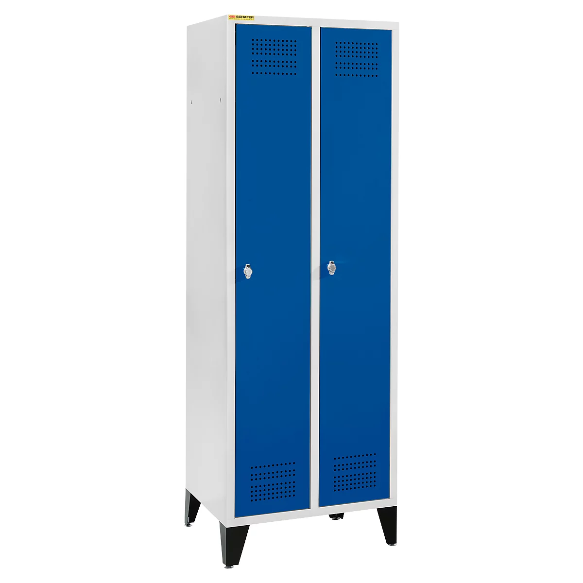Schäfer Shop Genius Vestiaire sur pieds, 2 compartiments, largeur de compartiment 300 mm, serrure de sécurité à came batteuse, bleu gentiane