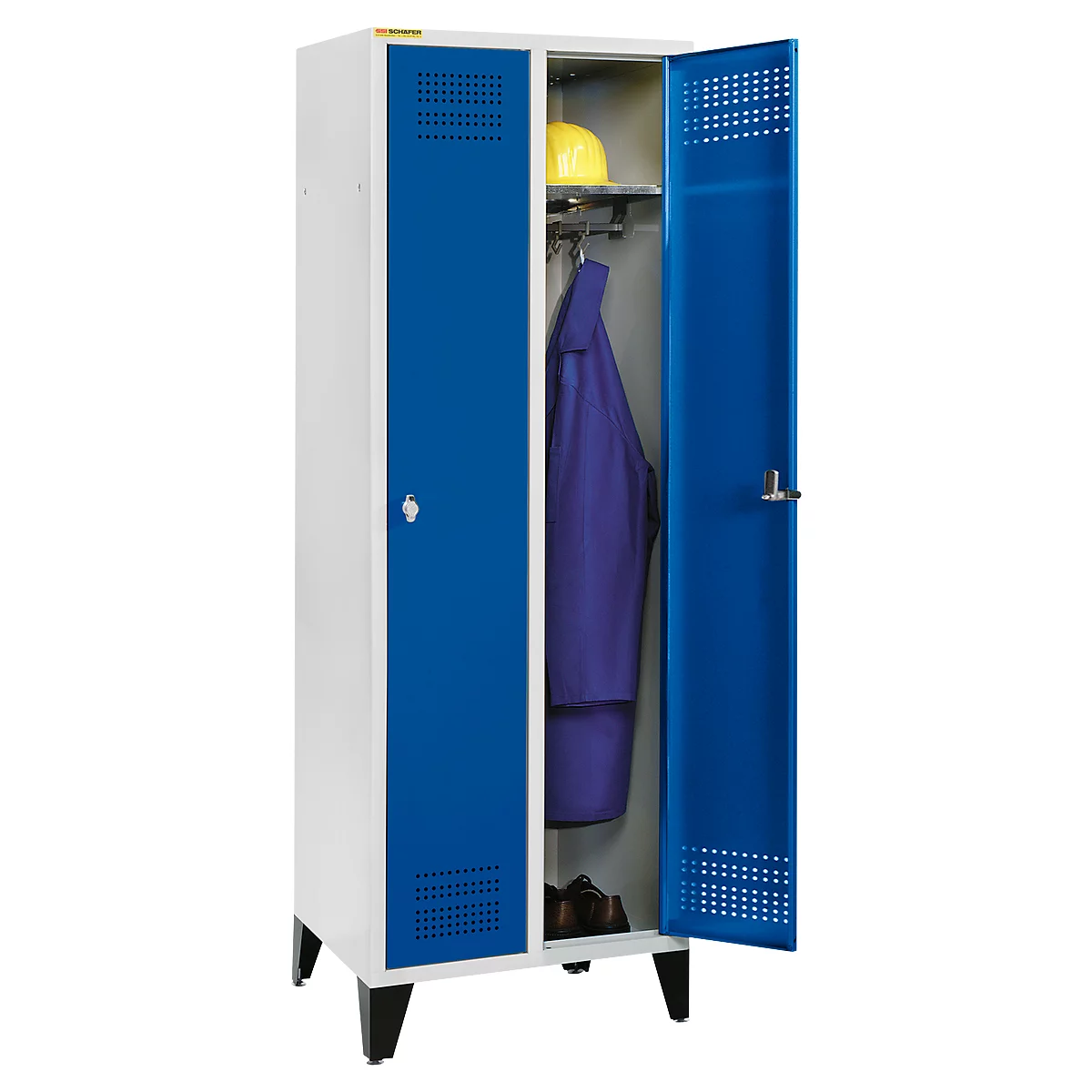 Schäfer Shop Genius Vestiaire sur pieds, 2 compartiments, largeur de compartiment 300 mm, serrure de sécurité à came batteuse, bleu gentiane