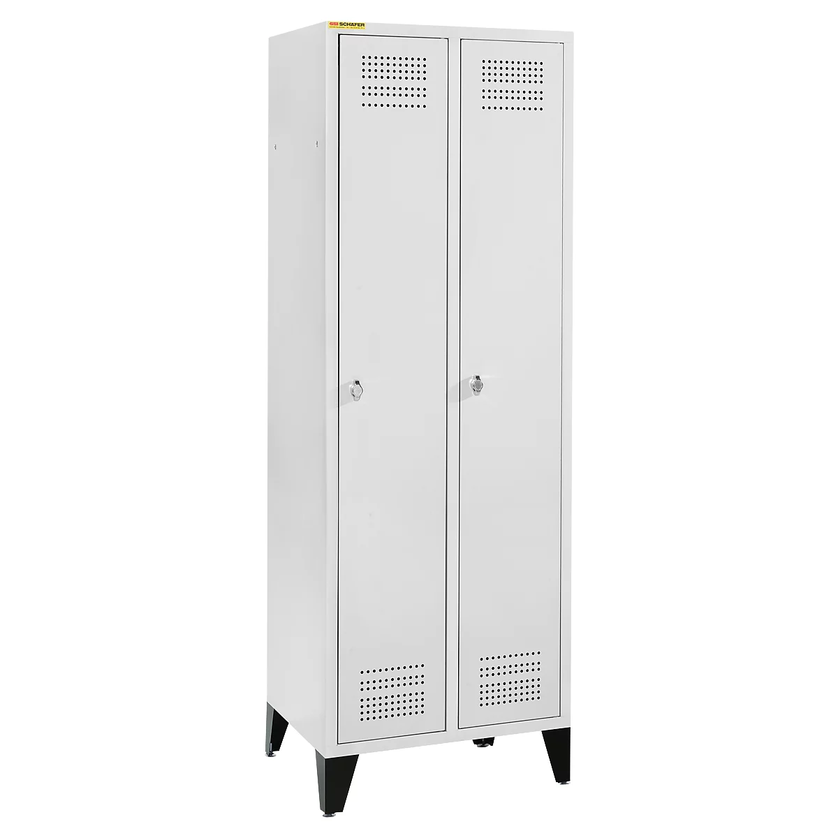 Schäfer Shop Genius Vestiaire sur pieds, 2 compartiments, largeur de compartiment 300 mm, serrure de sécurité à came batteuse, gris clair
