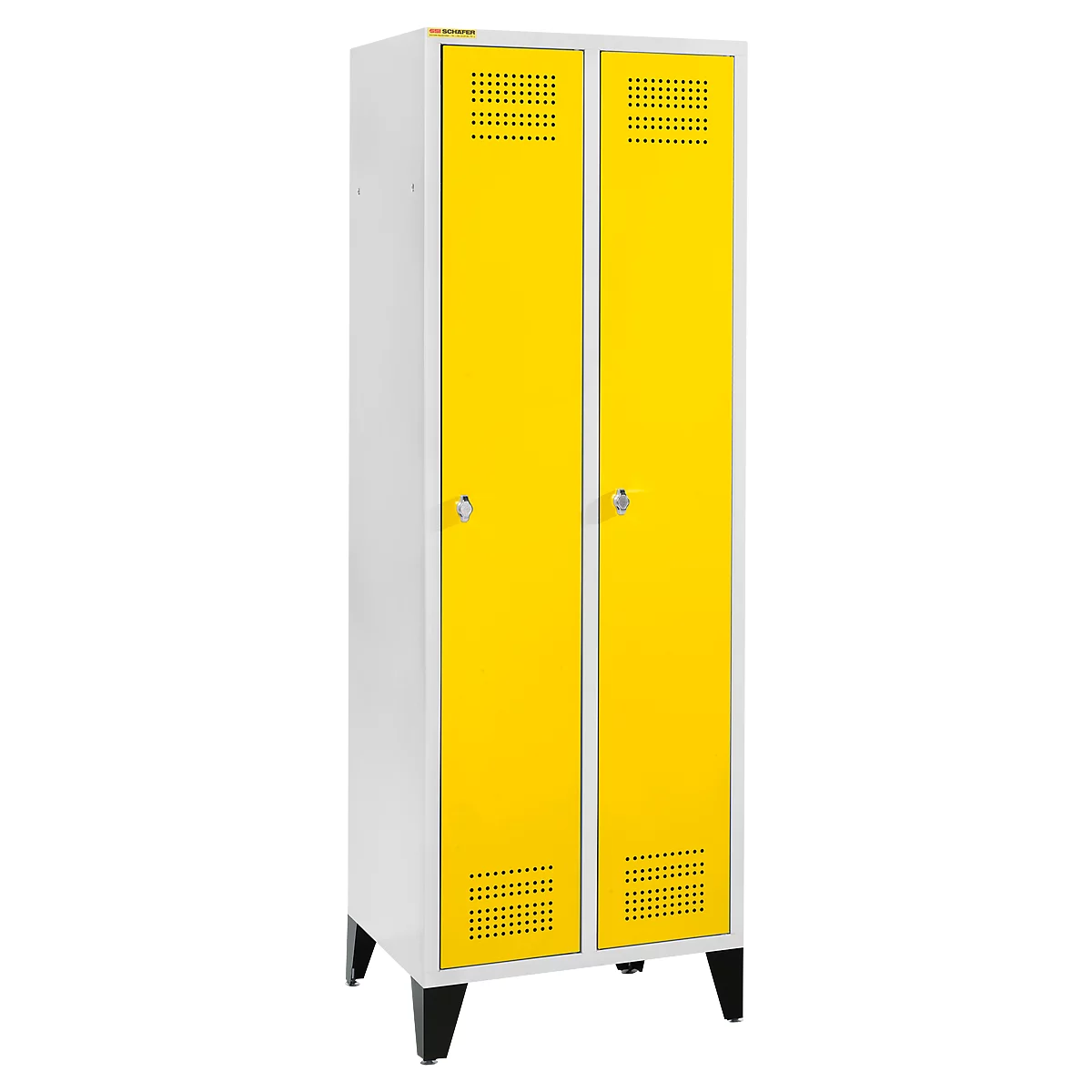 Schäfer Shop Genius Vestiaire sur pieds, 2 compartiments, largeur de compartiment 300 mm, serrure de sécurité à came batteuse, jaune colza