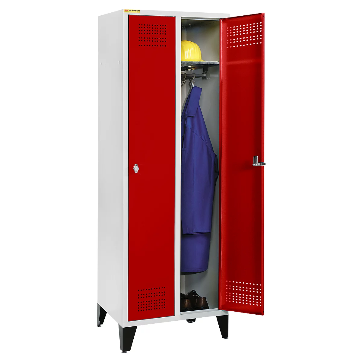 Schäfer Shop Genius Vestiaire sur pieds, 2 compartiments, largeur de compartiment 300 mm, serrure de sécurité à came batteuse, rouge rubis