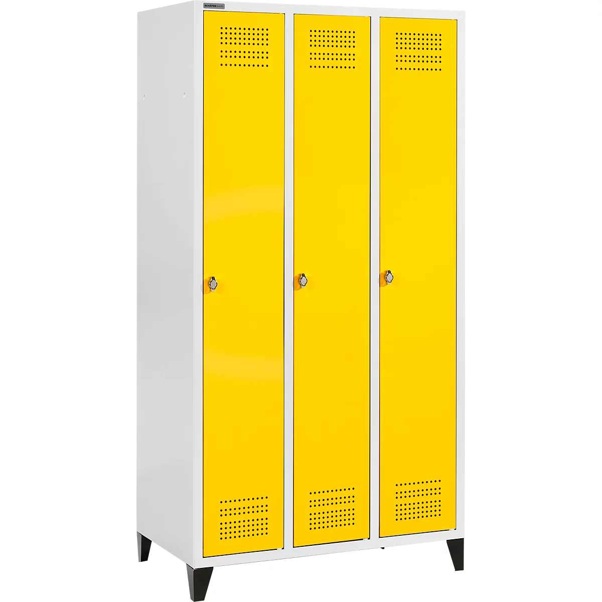 Schäfer Shop Genius Vestiaire sur pieds, 3 compartiments, serrure à came batteuse, gris clair/jaune