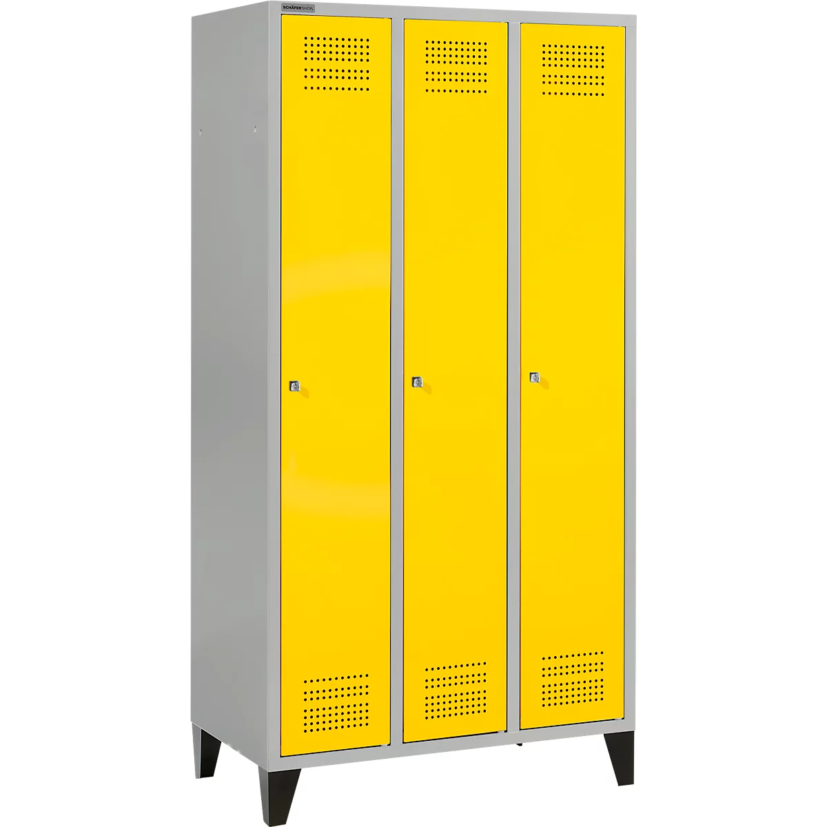 Schäfer Shop Genius Vestiaire sur pieds, 3 compartiments, serrure à cylindre, argent clair/jaune