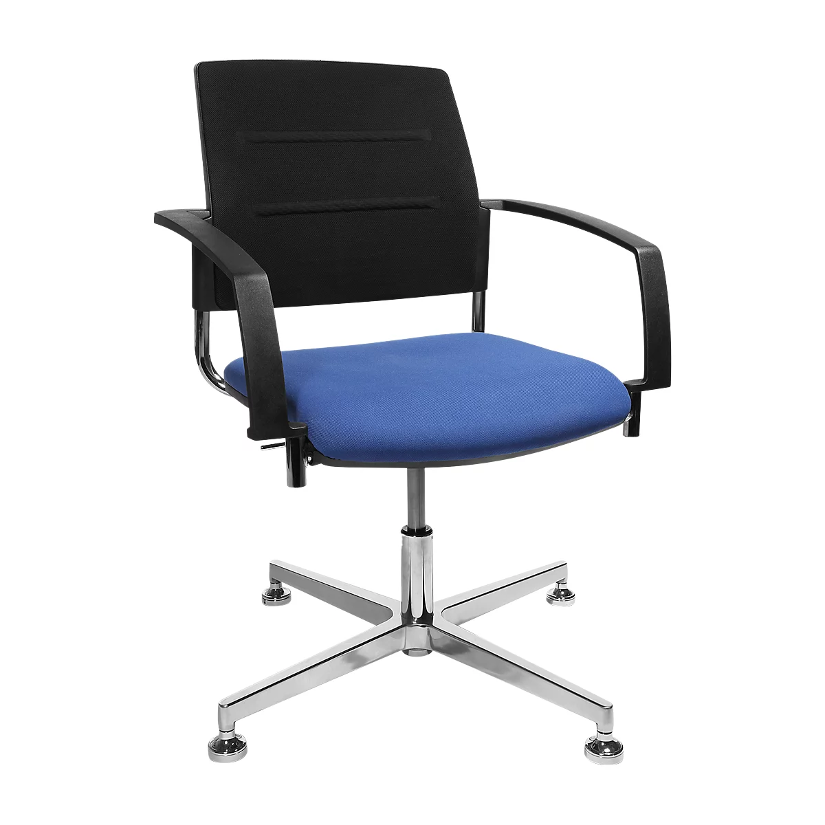 Office chair with black back, blue seat, and silver frame.