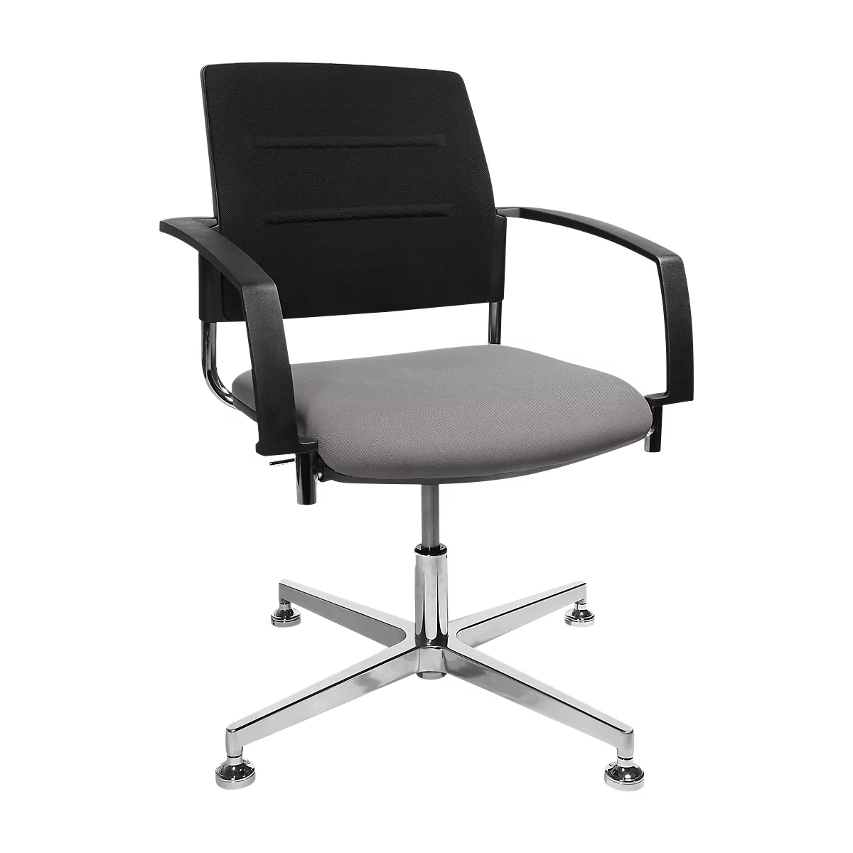Office chair with gray seat and black backrest. The armrests are black and the base is chrome.