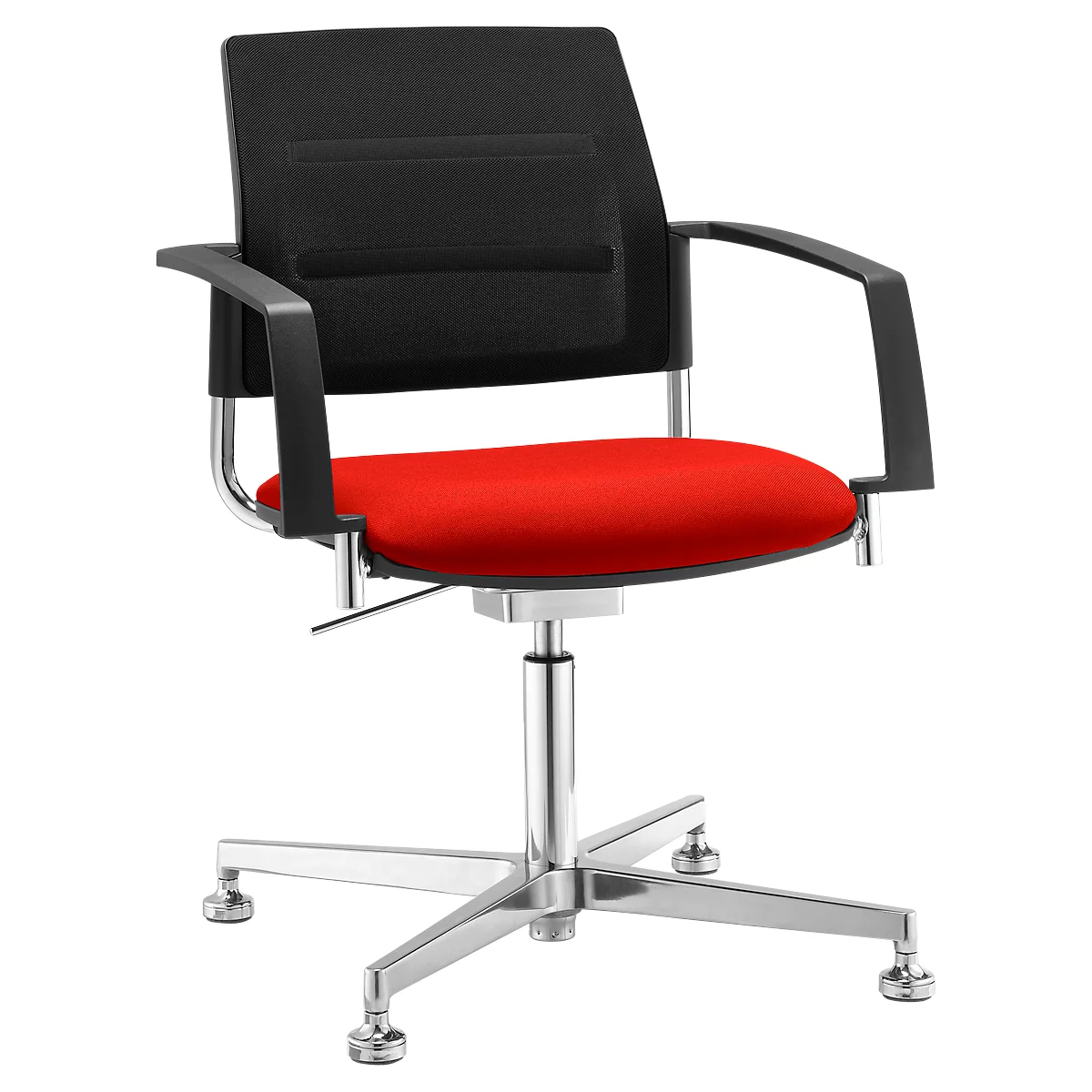 Office chair with red seat, black back and armrests, chrome frame.