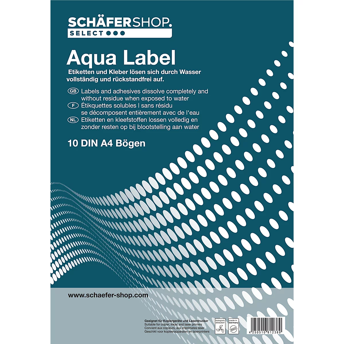 Titel: Aqua Label. Beschreibung: Blaues Etikettenpapier mit weißer Schrift. Text in mehreren Sprachen.