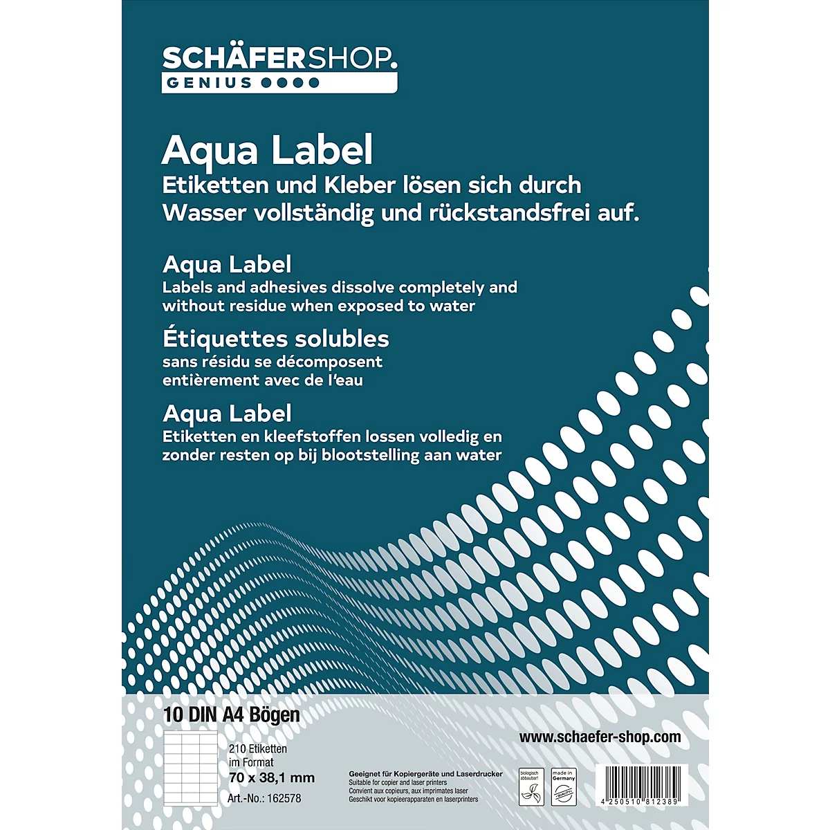 Produktverpackung mit 'Aqua Label' Aufschrift in Deutsch, Englisch, Französisch und Niederländisch. Aufkleber lösen sich rückstandsfrei auf.