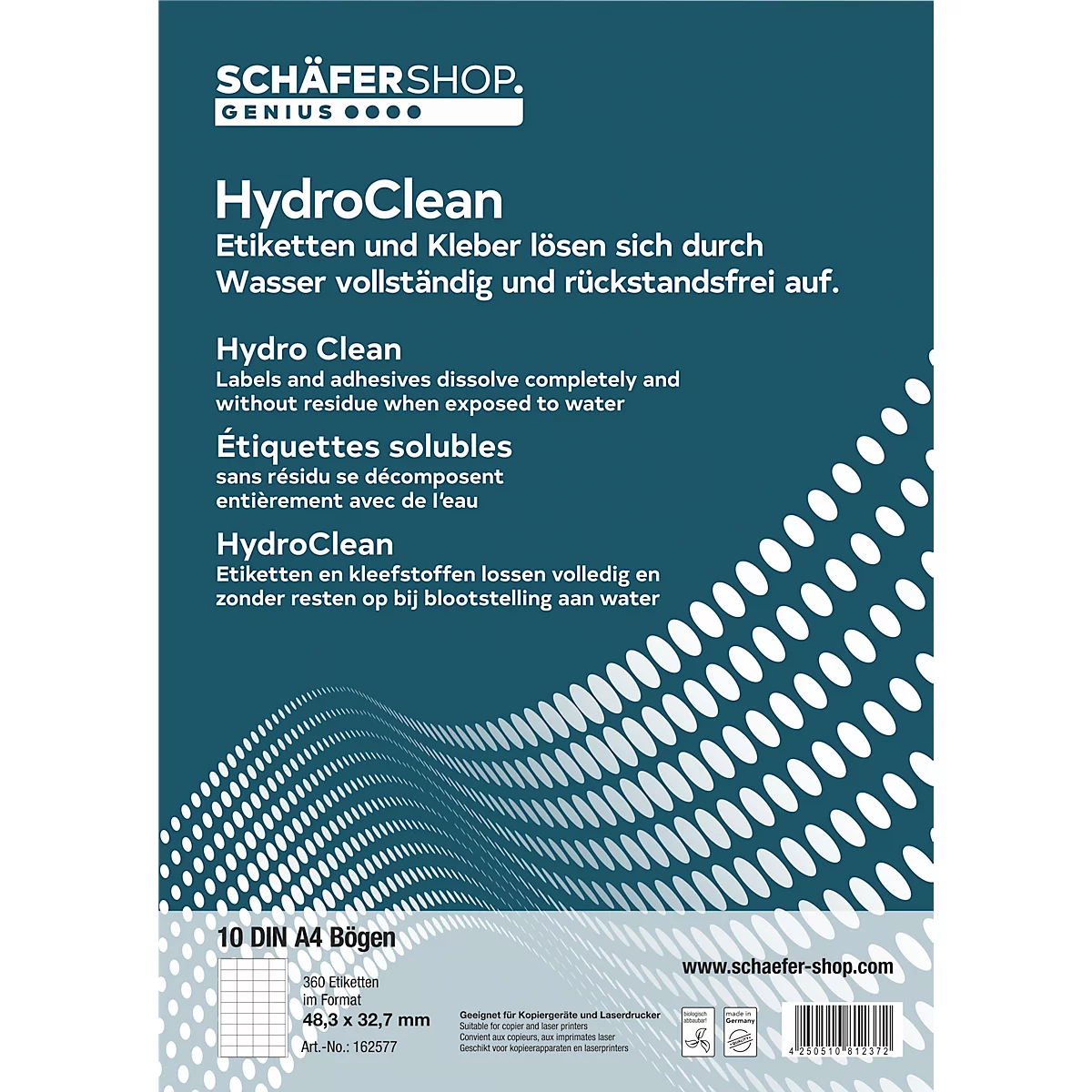 Vel met HydroClean-etiketten, tekst in het Duits, Engels, Frans en Nederlands.