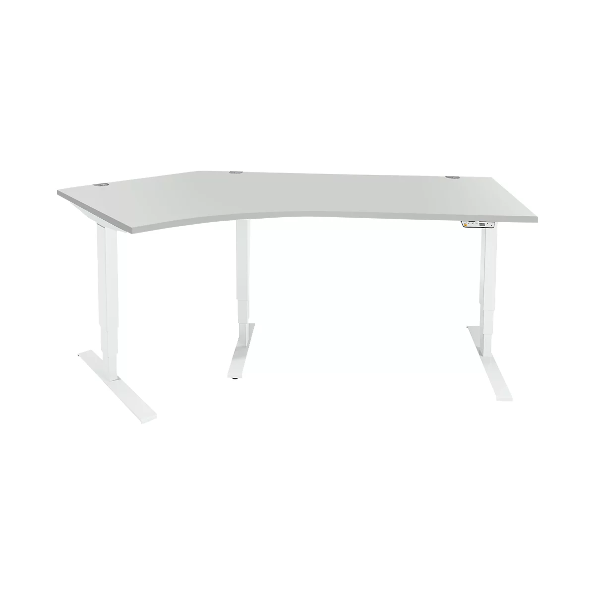 Schäfer Shop Genius Winkelschreibtisch AERO FLEX, elektrisch höhenverstellbar, 135° Winkel links, B 2165 mm, lichtgrau/weiß + Memorypanel
