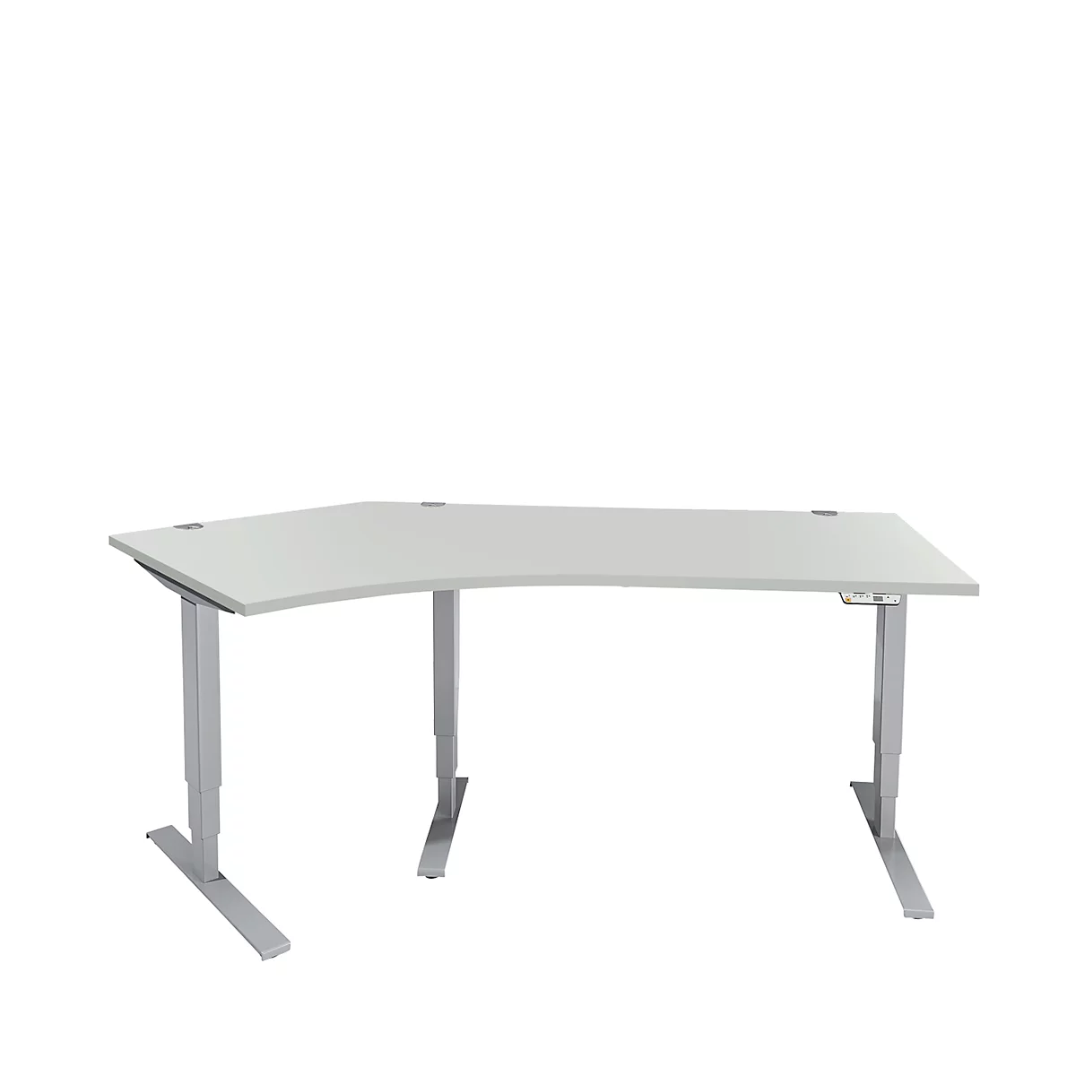 Schäfer Shop Genius Winkelschreibtisch AERO FLEX, elektrisch höhenverstellbar, 135° Winkel links, B 2165 mm, lichtgrau/weißalu + Memorypanel