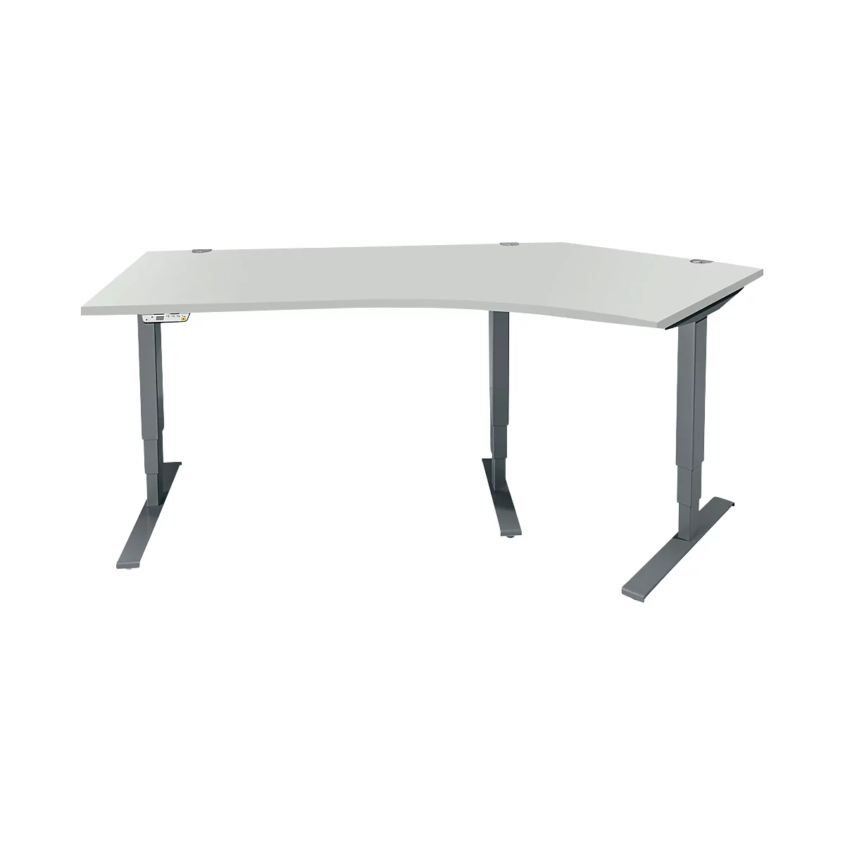 Schäfer Shop Genius Winkelschreibtisch AERO FLEX, elektrisch höhenverstellbar, 135° Winkel rechts, B 2165 mm, lichtgrau/anthrazit + Memorypanel