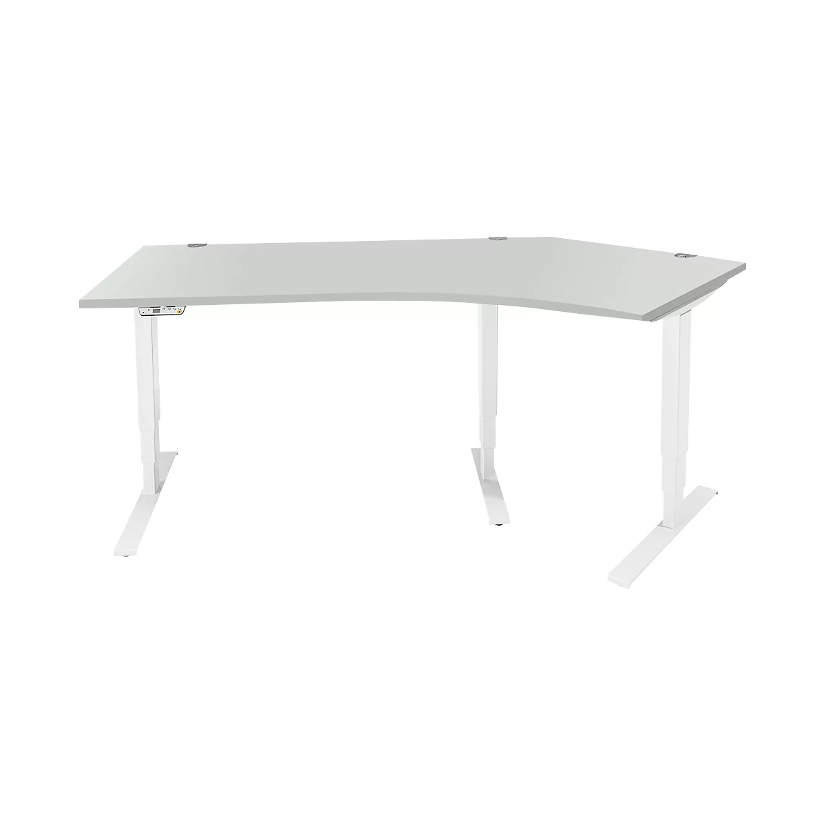 Schäfer Shop Genius Winkelschreibtisch AERO FLEX, elektrisch höhenverstellbar, 135° Winkel rechts, B 2165 mm, lichtgrau/weiß + Memorypanel