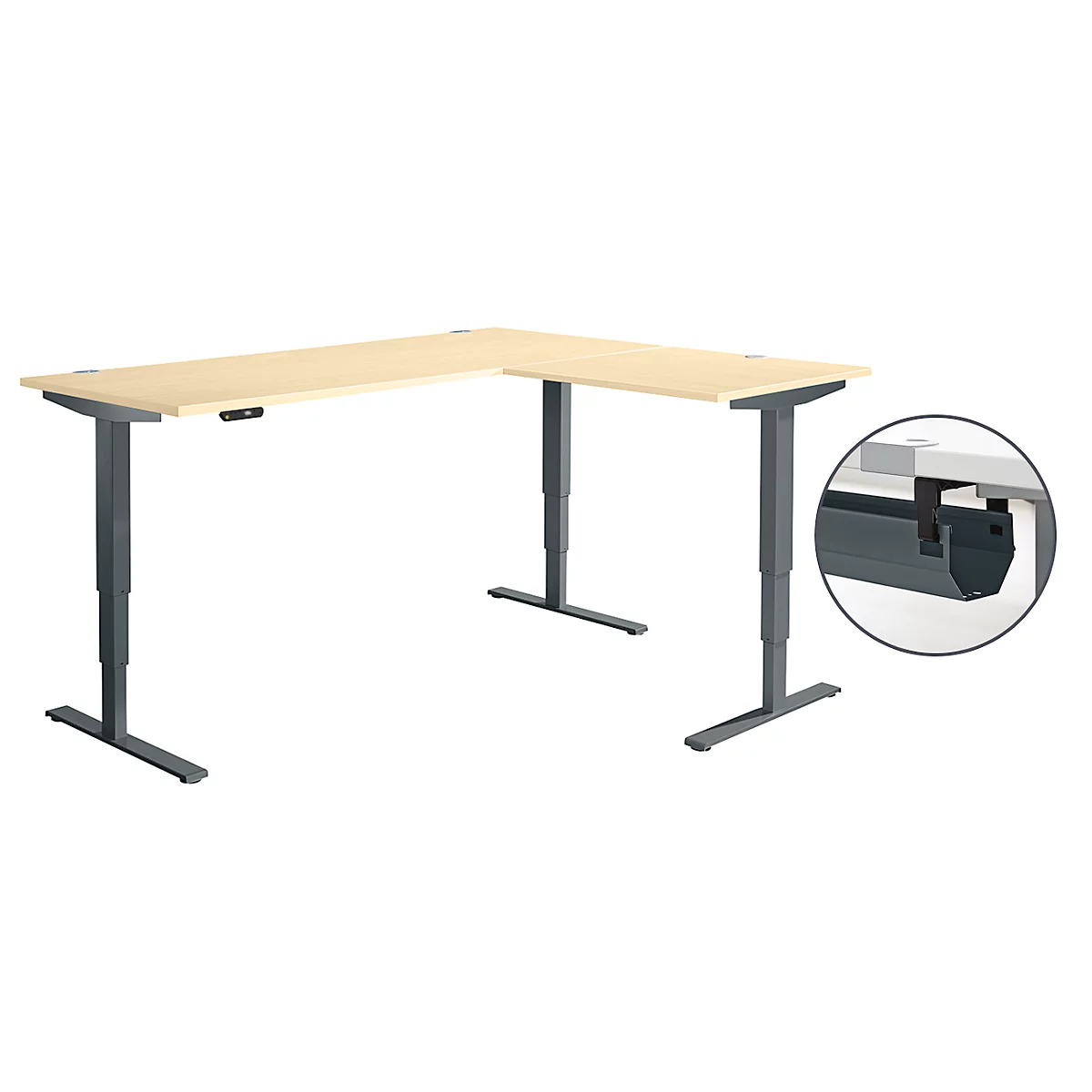 Schäfer Shop Genius Winkelschreibtisch AERO FLEX, elektrisch höhenverstellbar, 90° Winkel, C-Fuß, B 2000 x T 1600 mm, Ahorn-Dekor/anthrazit, Memorypanel + Kabelkanal