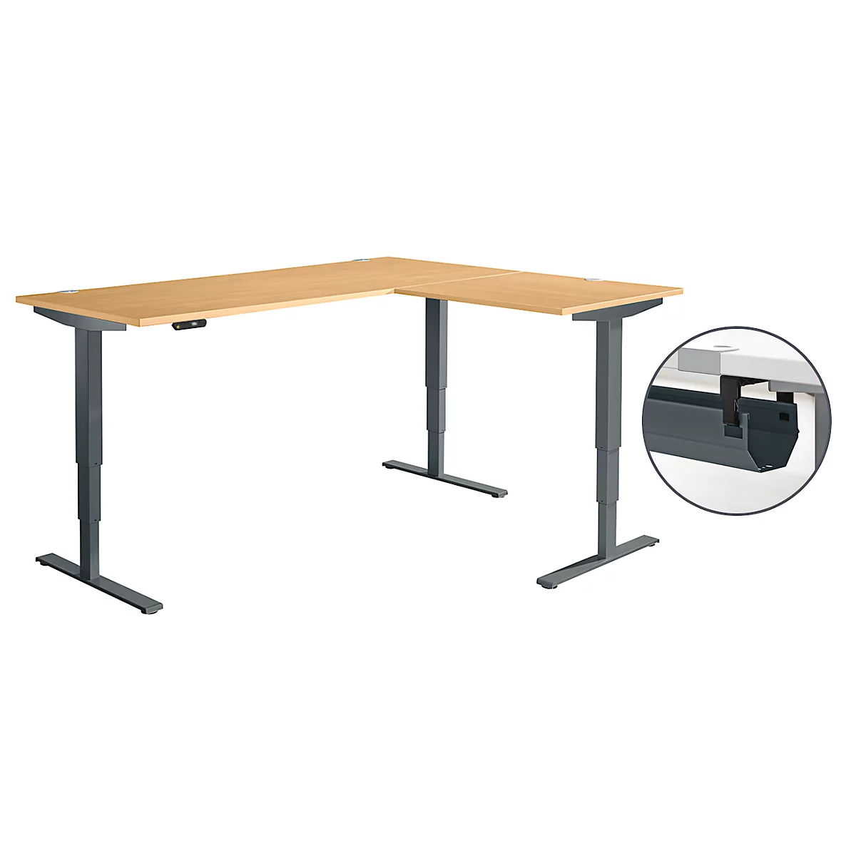 Schäfer Shop Genius Winkelschreibtisch AERO FLEX, elektrisch höhenverstellbar, 90° Winkel, C-Fuß, B 2000 x T 1600 mm, Buche-Dekor/anthrazit, Memorypanel + Kabelkanal