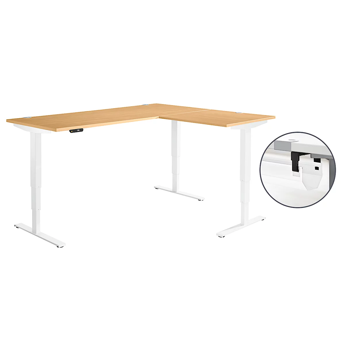 Schäfer Shop Genius Winkelschreibtisch AERO FLEX, elektrisch höhenverstellbar, 90° Winkel, C-Fuß, B 2000 x T 1600 mm, Buche-Dekor/weiß, Memorypanel + Kabelkanal