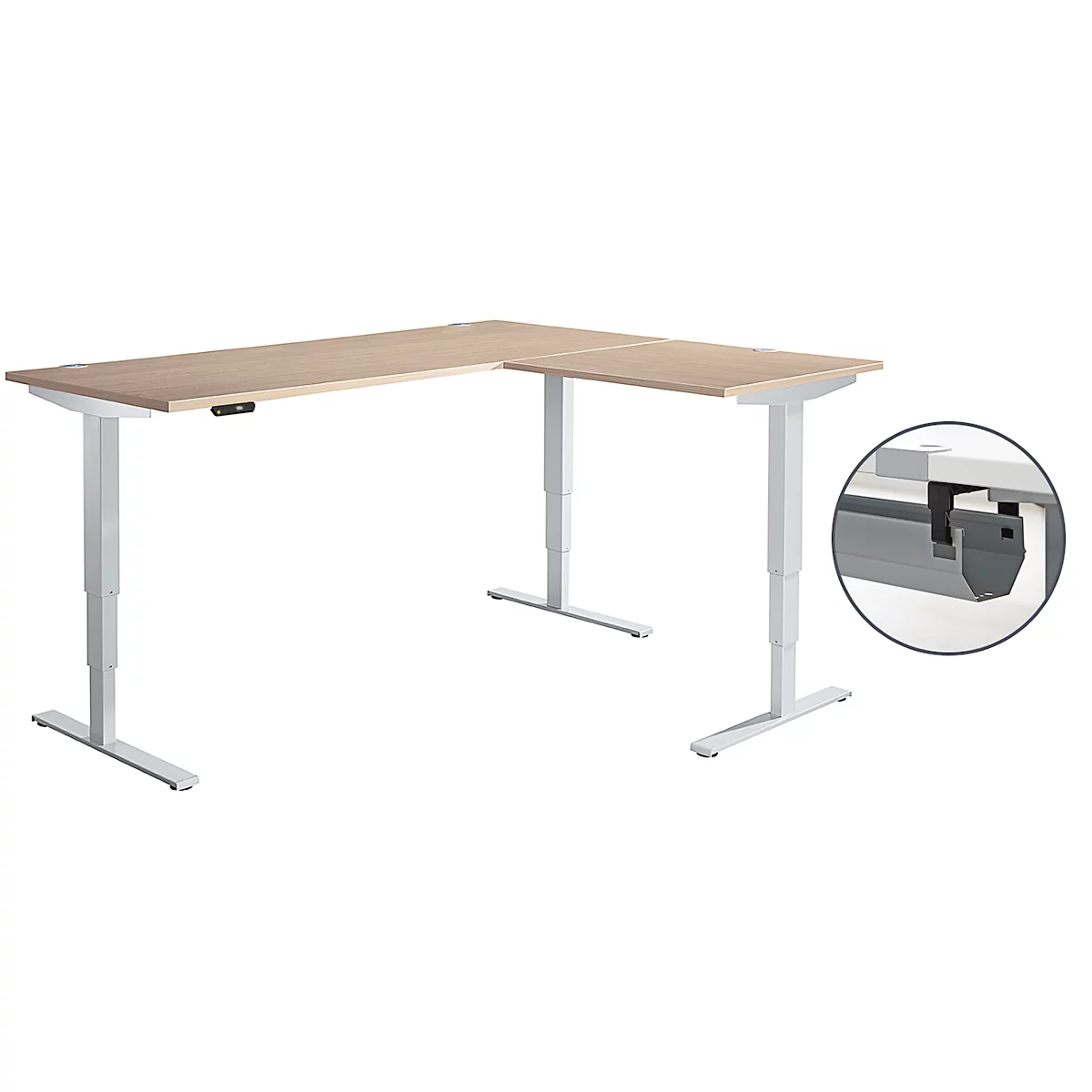 Schäfer Shop Genius Winkelschreibtisch AERO FLEX, elektrisch höhenverstellbar, 90° Winkel, C-Fuß, B 2000 x T 1600 mm, Eiche-Dekor/weißaluminium, Memorypanel + Kabelkanal