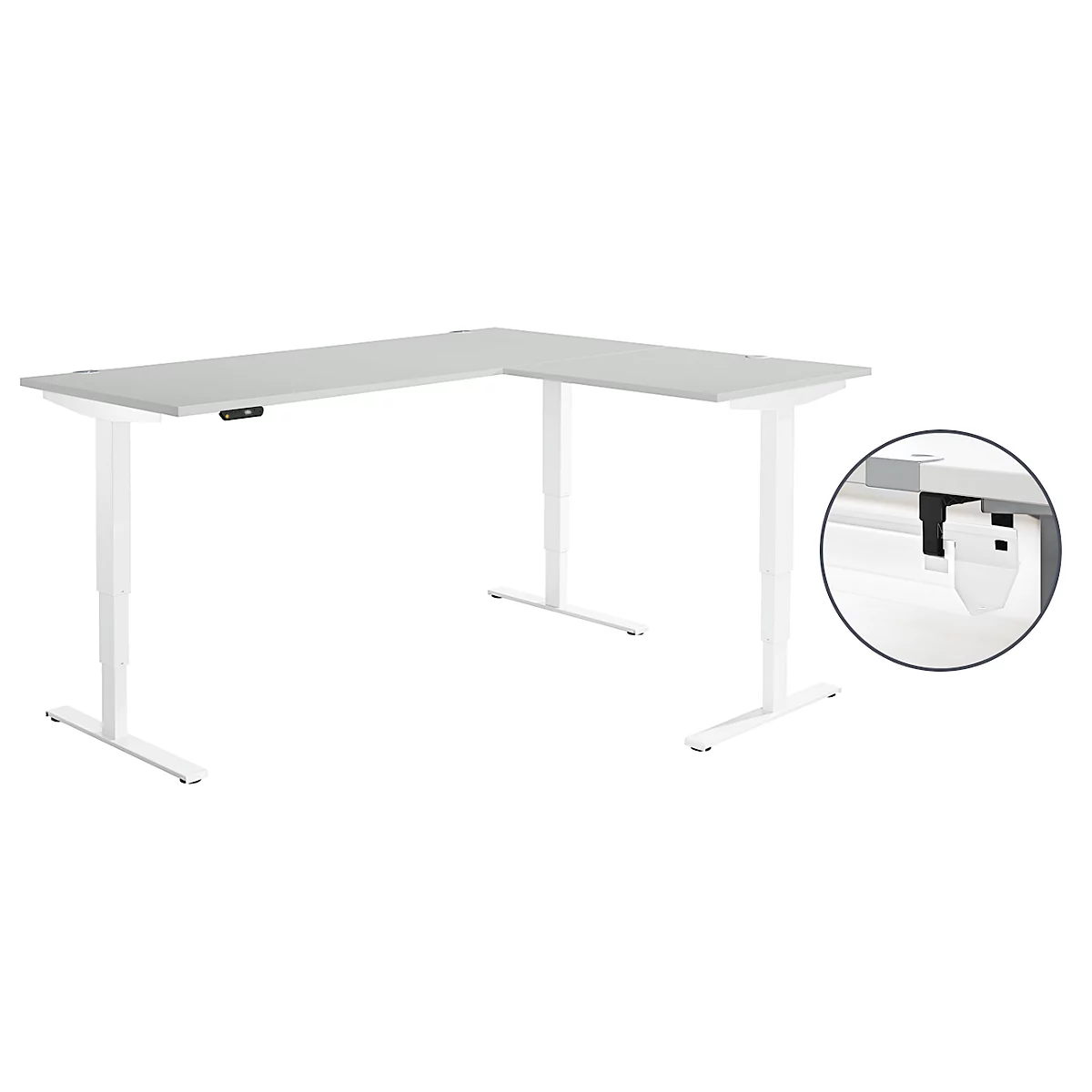 Schäfer Shop Genius Winkelschreibtisch AERO FLEX, elektrisch höhenverstellbar, 90° Winkel, C-Fuß, B 2000 x T 1600 mm, lichtgrau/weiß, Memorypanel + Kabelkanal