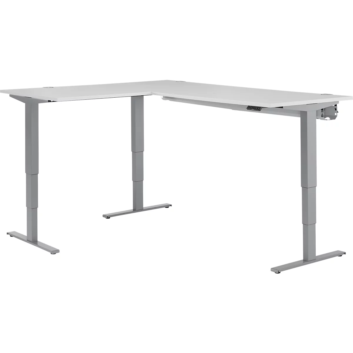 Schäfer Shop Genius Winkelschreibtisch AERO FLEX, elektrisch höhenverstellbar, 90° Winkel, C-Fuß, B 2000 x T 1600 mm, lichtgrau/weißaluminium, Memorypanel + Kabelkanal