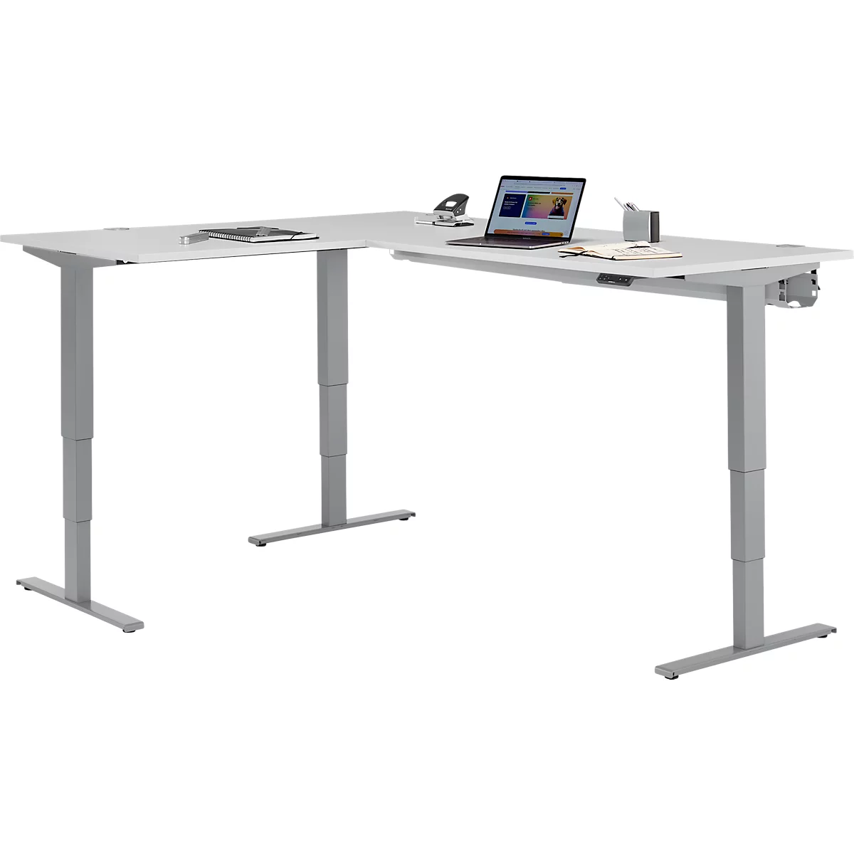 Schäfer Shop Genius Winkelschreibtisch AERO FLEX, elektrisch höhenverstellbar, 90° Winkel, C-Fuß, B 2000 x T 1600 mm, lichtgrau/weißaluminium, Memorypanel + Kabelkanal