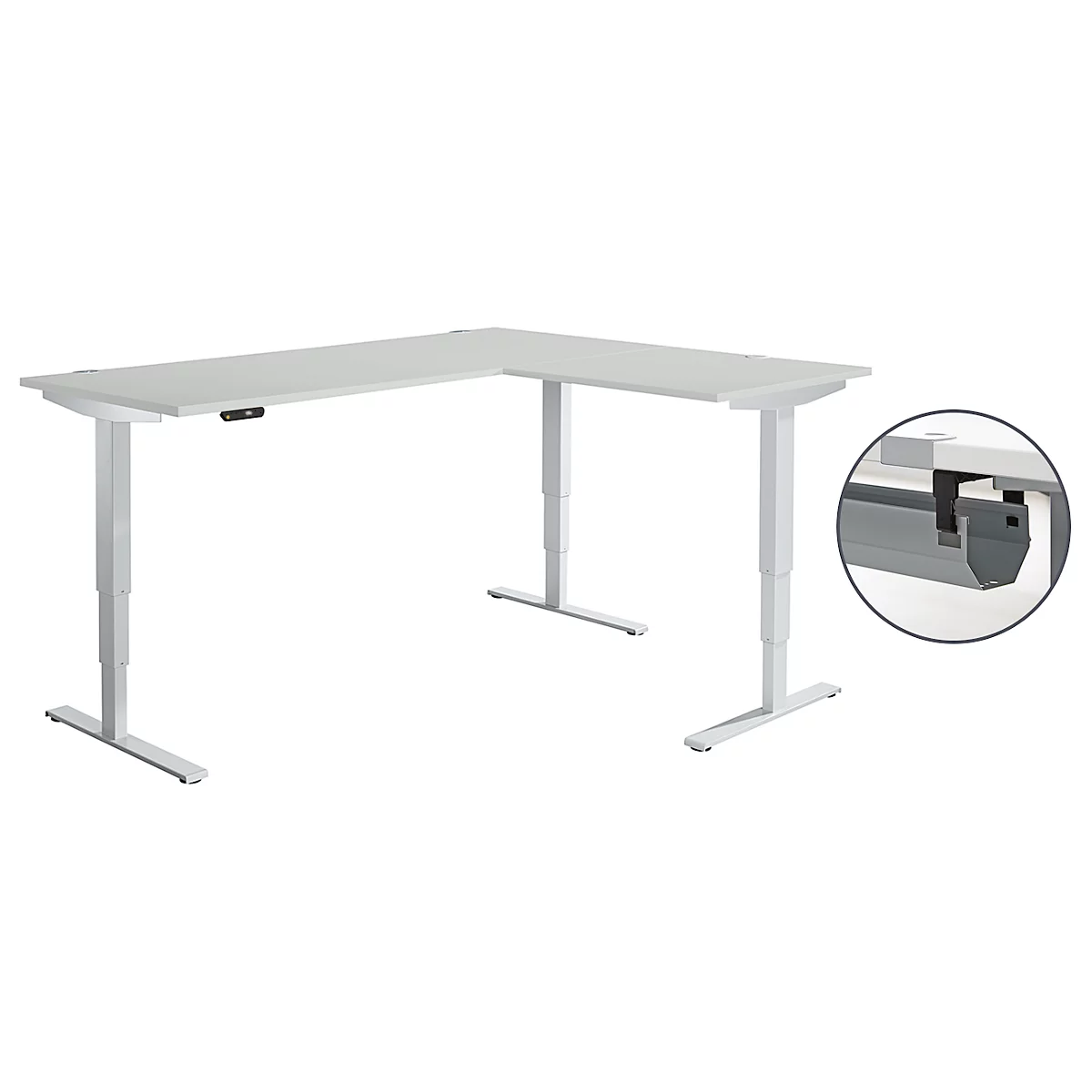 Schäfer Shop Genius Winkelschreibtisch AERO FLEX, elektrisch höhenverstellbar, 90° Winkel, C-Fuß, B 2000 x T 1600 mm, lichtgrau/weißaluminium, Memorypanel + Kabelkanal