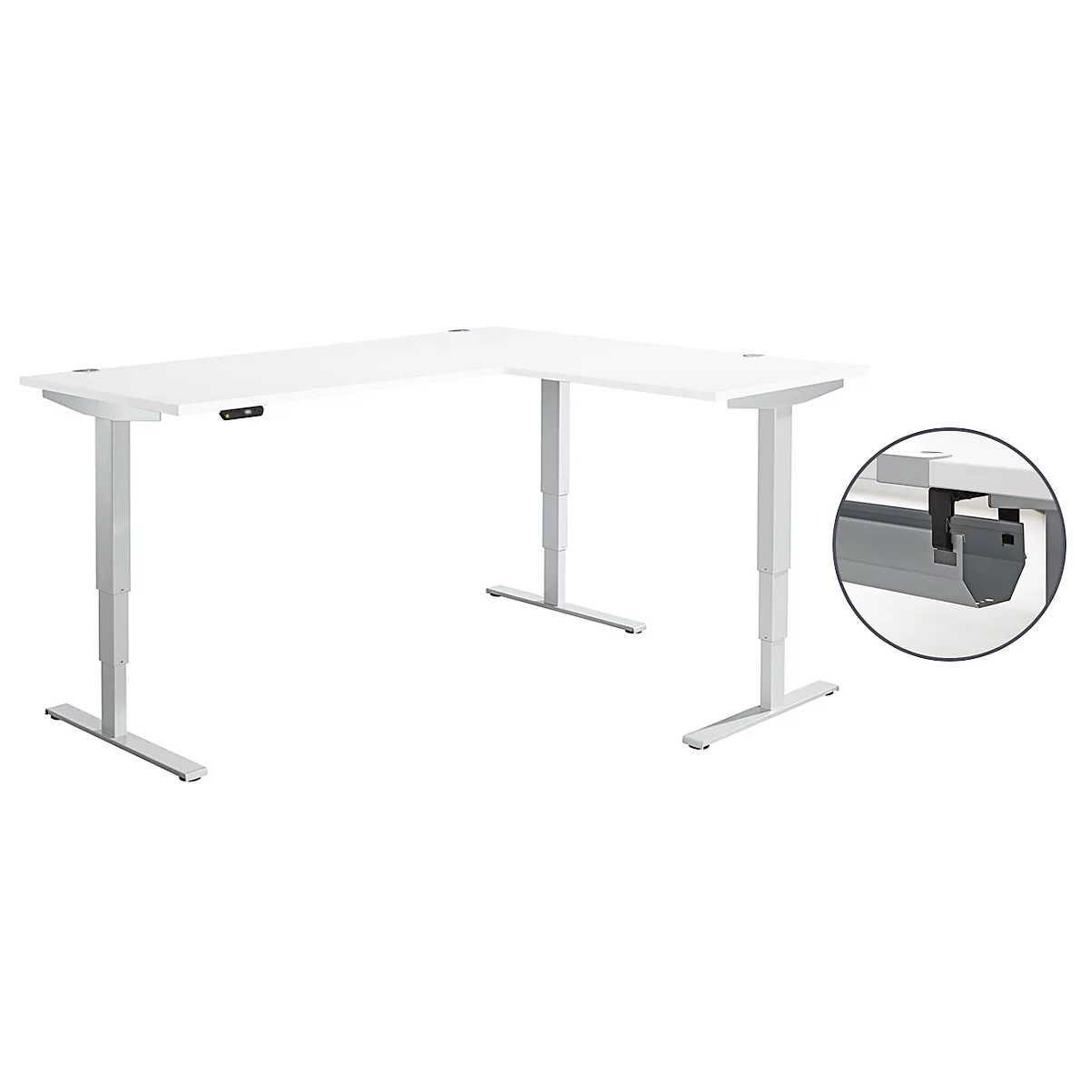 Schäfer Shop Genius Winkelschreibtisch AERO FLEX, elektrisch höhenverstellbar, 90° Winkel, C-Fuß, B 2000 x T 1600 mm, weiß/weißaluminium, Memorypanel + Kabelkanal