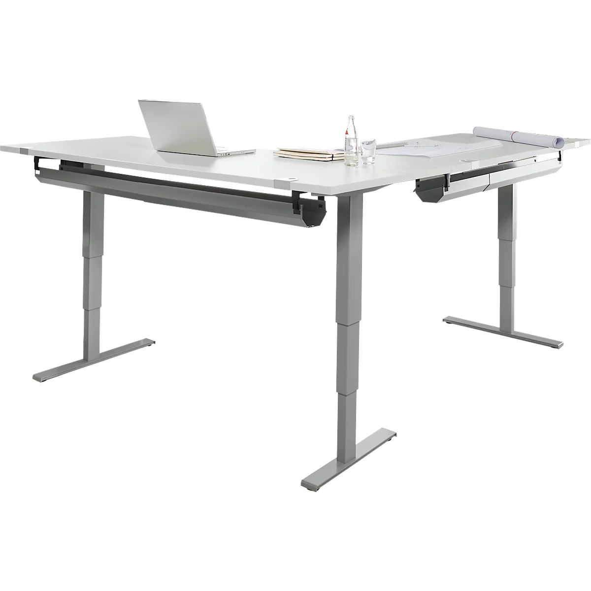 Schäfer Shop Genius Winkelschreibtisch AERO FLEX, elektrisch höhenverstellbar, 90° Winkel wechselseitig, B 2000 mm, lichtgrau/weißalu + 2x Kabelwanne