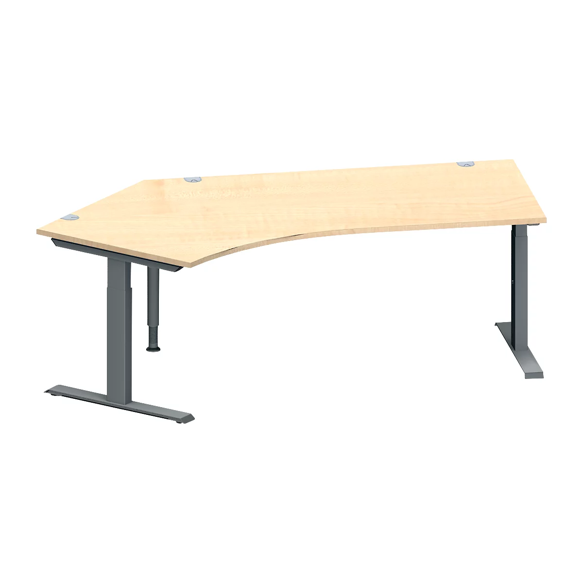 Schäfer Shop Genius Winkelschreibtisch MODENA FLEX, 135° Winkel links, T-Fuß Rechteckrohr, B 2165 x T 800/800 x H 650-850 mm, Ahorn/anthrazit