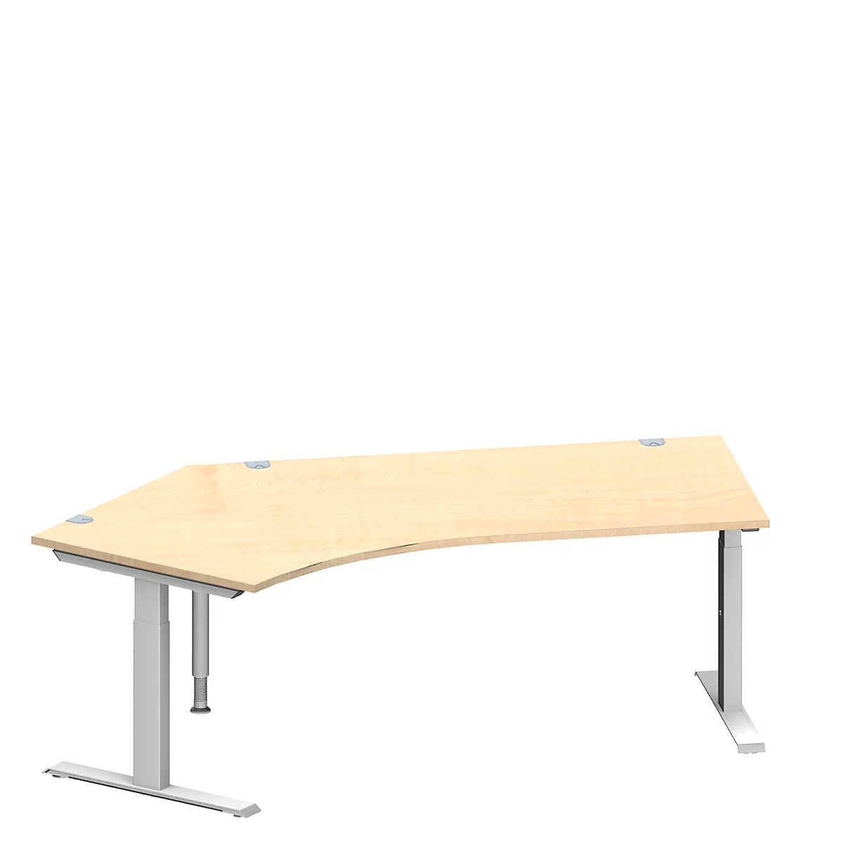 Schäfer Shop Genius Winkelschreibtisch MODENA FLEX, 135° Winkel links, T-Fuß Rechteckrohr, B 2165 x T 800/800 x H 650-850 mm, Ahorn/weißalu