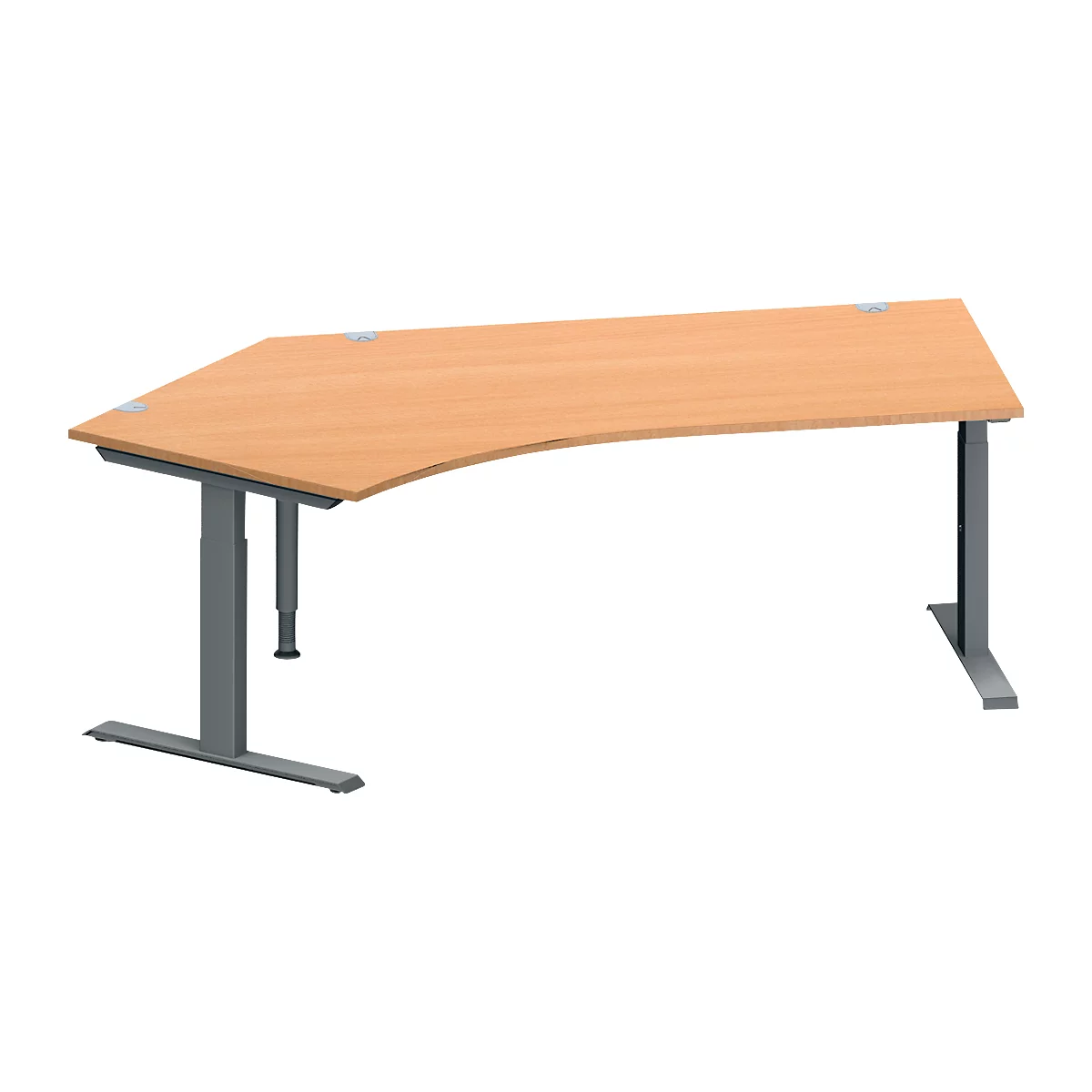 Schäfer Shop Genius Winkelschreibtisch MODENA FLEX, 135° Winkel links, T-Fuß Rechteckrohr, B 2165 x T 800/800 x H 650-850 mm, Buche/anthrazit