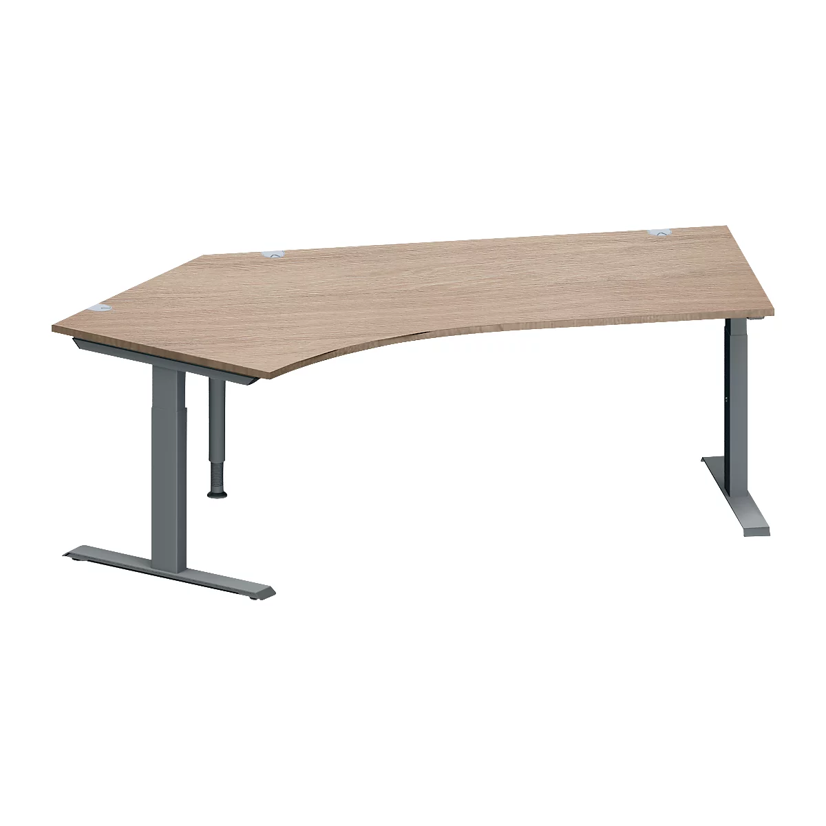 Schäfer Shop Genius Winkelschreibtisch MODENA FLEX, 135° Winkel links, T-Fuß Rechteckrohr, B 2165 x T 800/800 x H 650-850 mm, Eiche/anthrazit