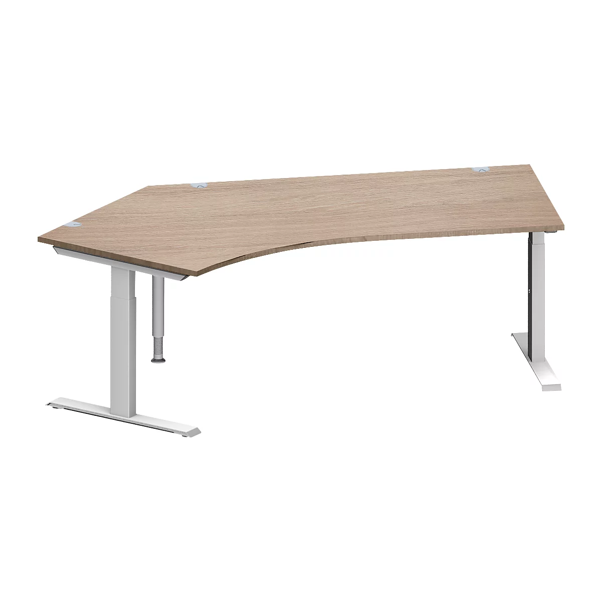 Schäfer Shop Genius Winkelschreibtisch MODENA FLEX, 135° Winkel links, T-Fuß Rechteckrohr, B 2165 x T 800/800 x H 650-850 mm, Eiche/weißalu