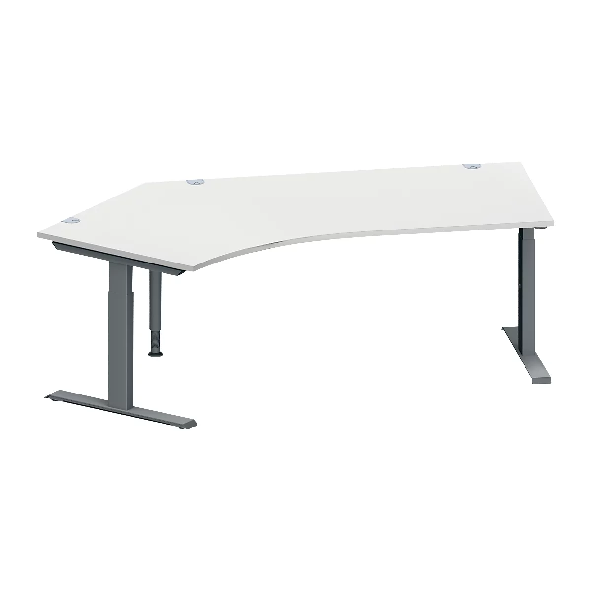 Schäfer Shop Genius Winkelschreibtisch MODENA FLEX, 135° Winkel links, T-Fuß Rechteckrohr, B 2165 x T 800/800 x H 650-850 mm, lichtgrau/anthrazit