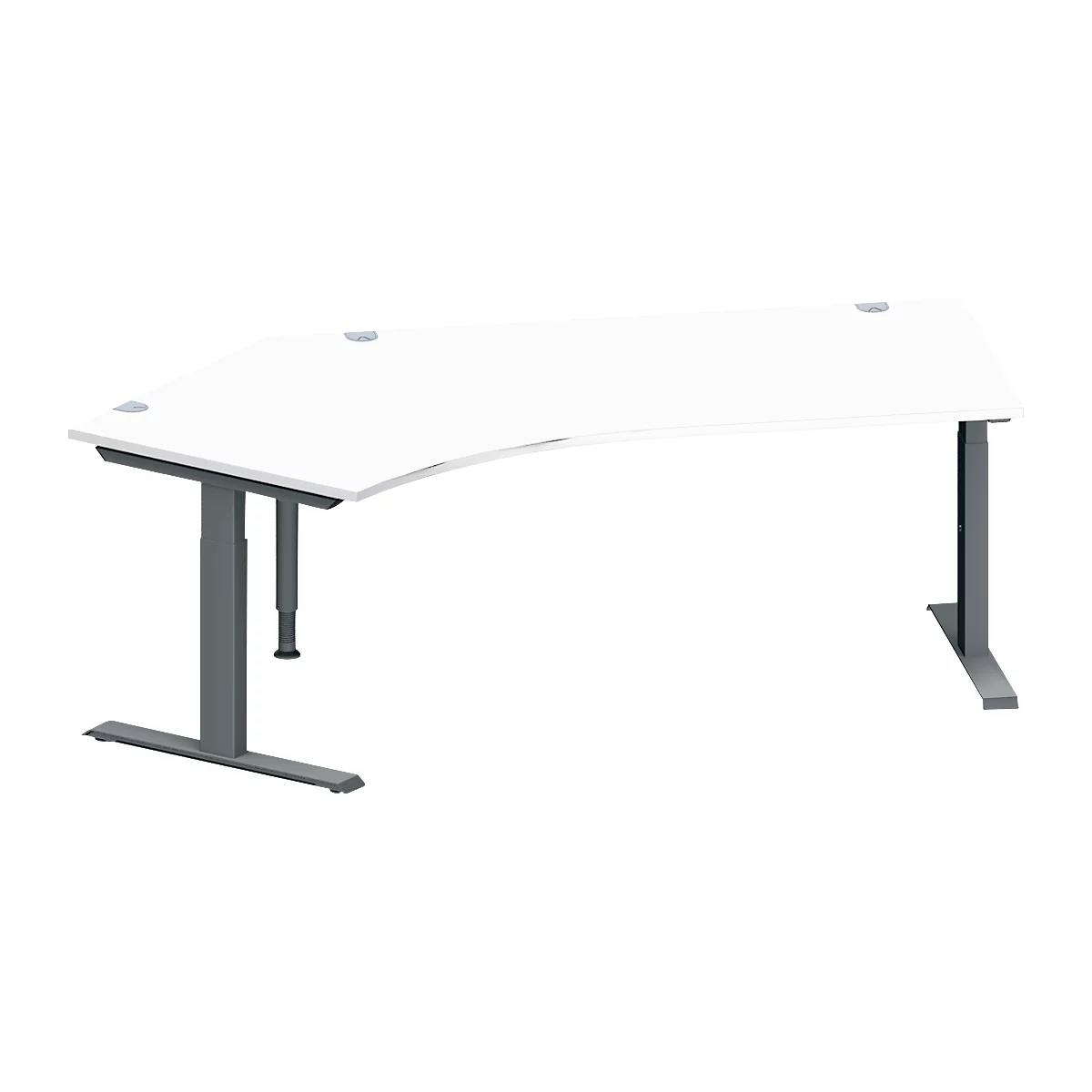 Schäfer Shop Genius Winkelschreibtisch MODENA FLEX, 135° Winkel links, T-Fuß Rechteckrohr, B 2165 x T 800/800 x H 650-850 mm, weiß/anthrazit