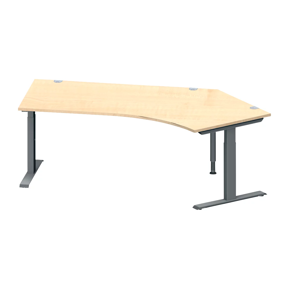 Schäfer Shop Genius Winkelschreibtisch MODENA FLEX, 135° Winkel rechts, T-Fuß Rechteckrohr, B 2165 x T 800/800 x H 650-850 mm, Ahorn/anthrazit