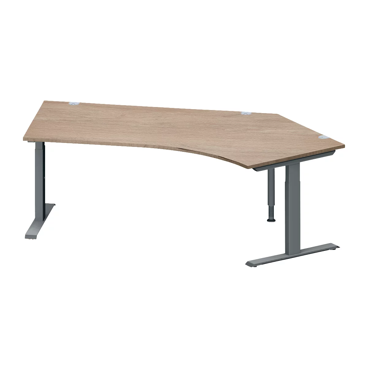 Schäfer Shop Genius Winkelschreibtisch MODENA FLEX, 135° Winkel rechts, T-Fuß Rechteckrohr, B 2165 x T 800/800 x H 650-850 mm, Eiche/anthrazit
