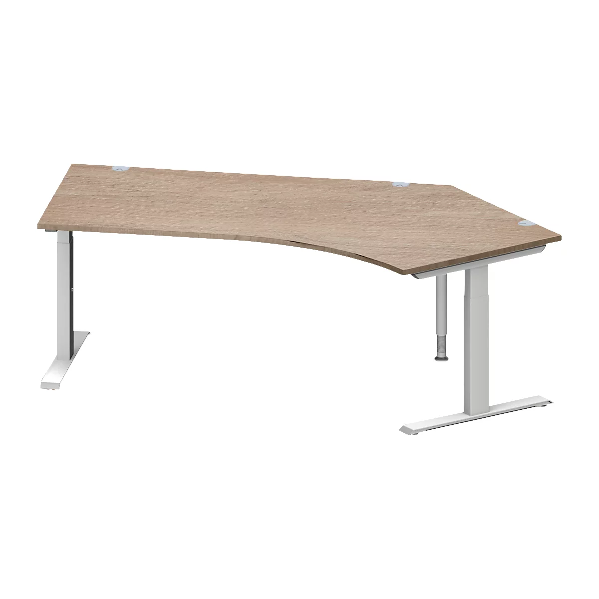 Schäfer Shop Genius Winkelschreibtisch MODENA FLEX, 135° Winkel rechts, T-Fuß Rechteckrohr, B 2165 x T 800/800 x H 650-850 mm, Eiche/weißalu