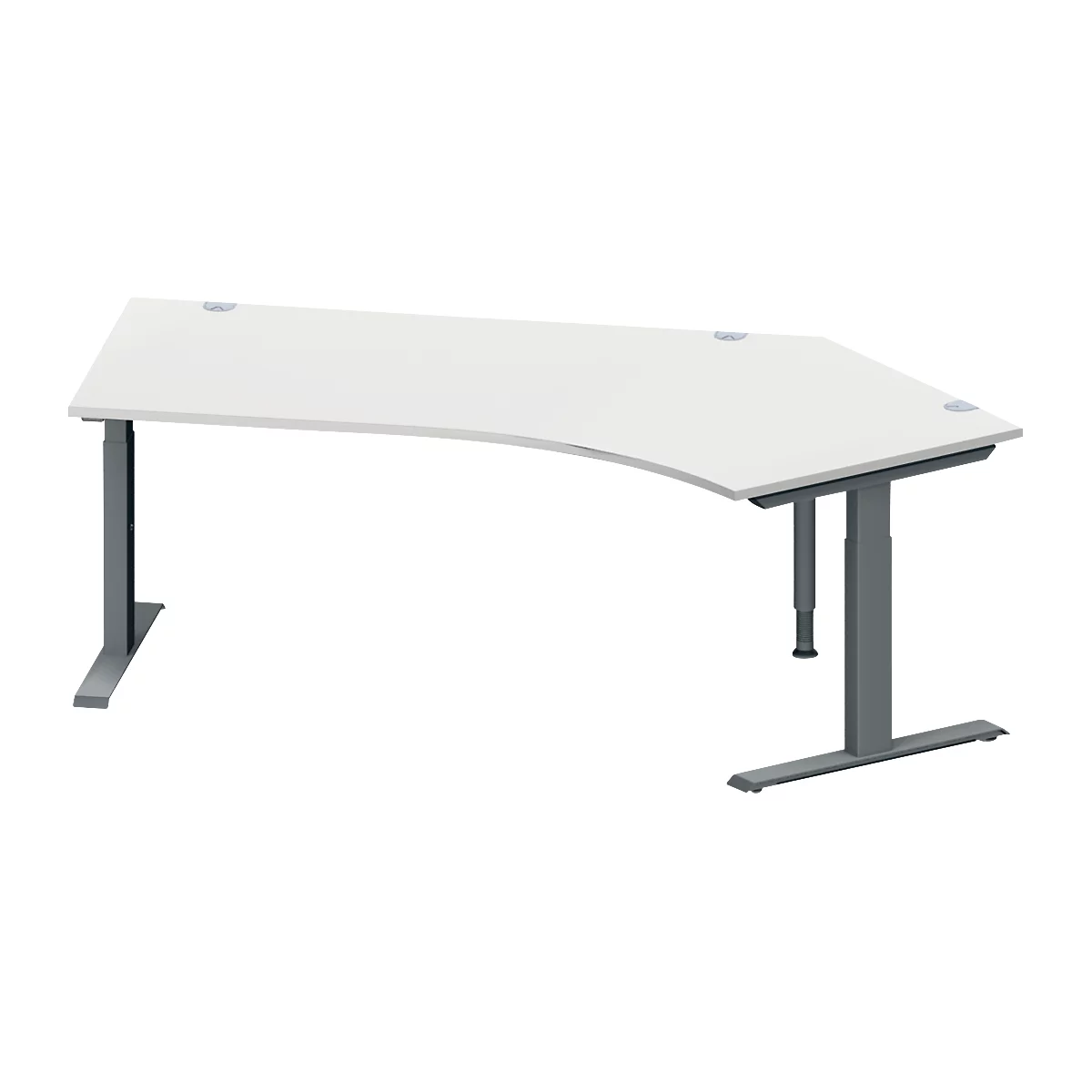 Schäfer Shop Genius Winkelschreibtisch MODENA FLEX, 135° Winkel rechts, T-Fuß Rechteckrohr, B 2165 x T 800/800 x H 650-850 mm, lichtgrau/anthrazit