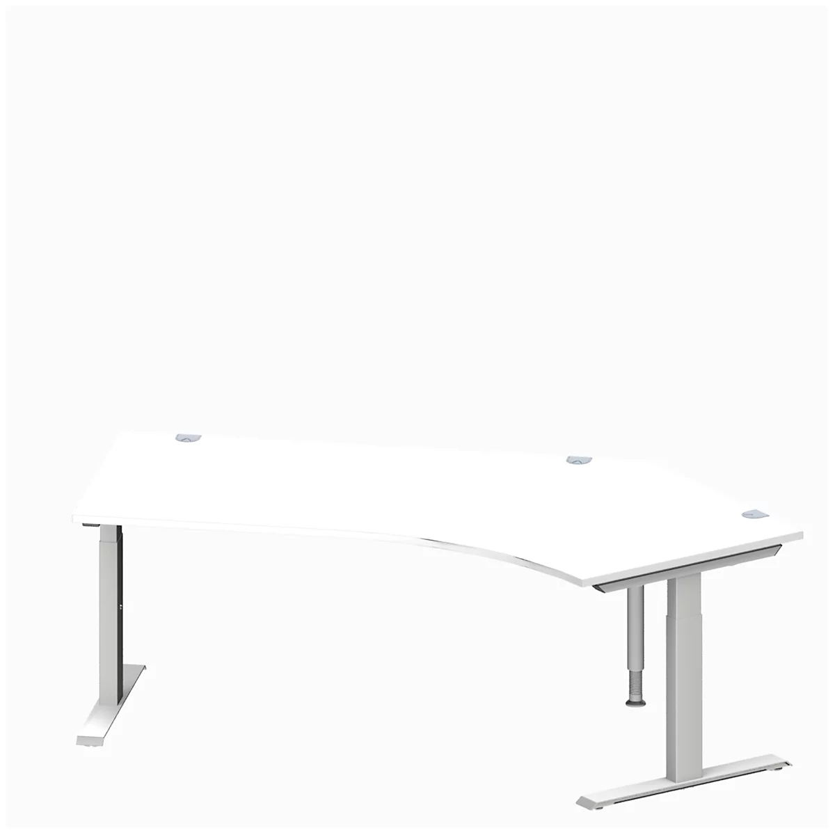 Schäfer Shop Genius Winkelschreibtisch MODENA FLEX, 135° Winkel rechts, T-Fuß Rechteckrohr, B 2165 x T 800/800 x H 650-850 mm, weiß/weißalu