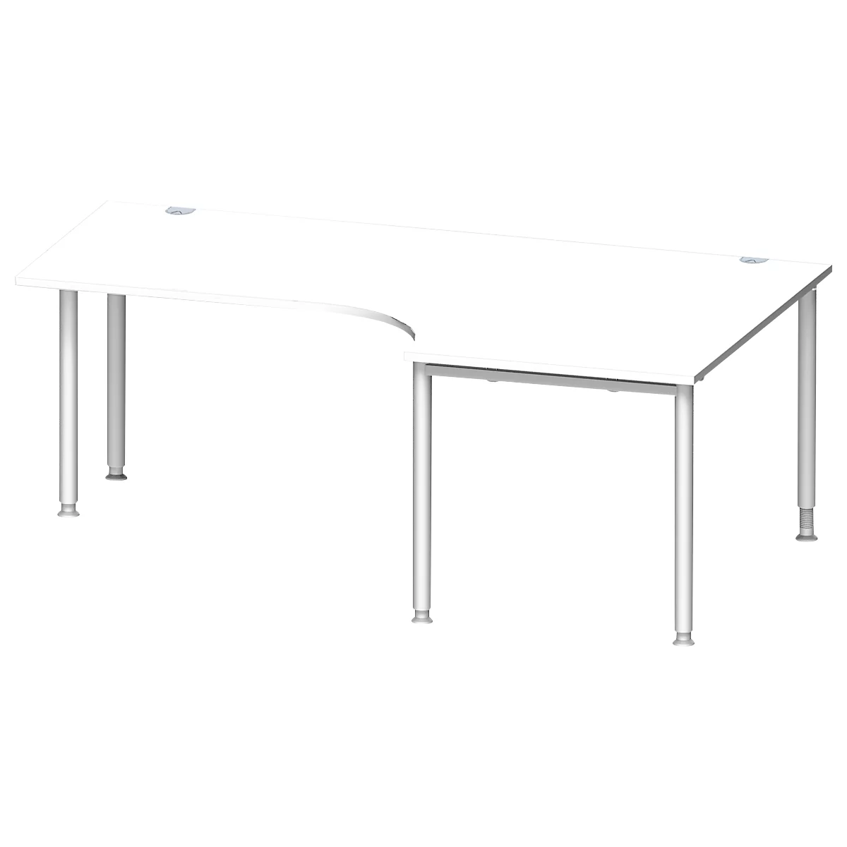Schäfer Shop Genius Winkelschreibtisch MODENA FLEX 90°, Ansatz rechts, einseitig, verkürzte Seitenteile, 4-Fuß-Rundrohr, weiß 